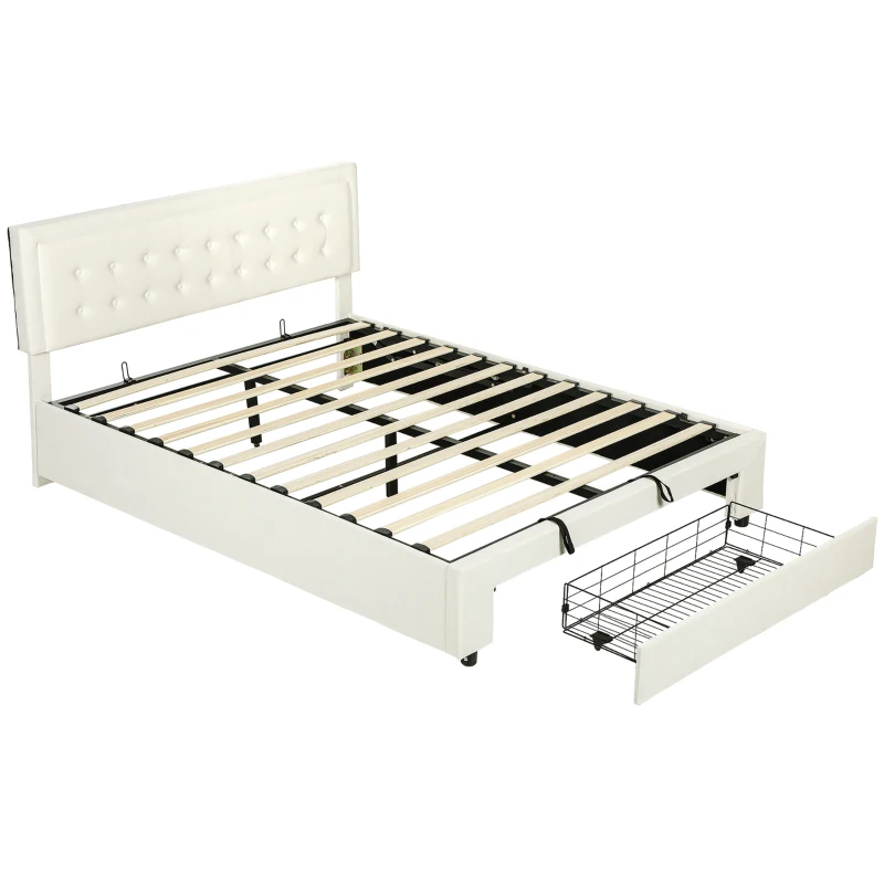 HOMCOM King Size Ottoman Bed Frame, with Front Drawer - Cream