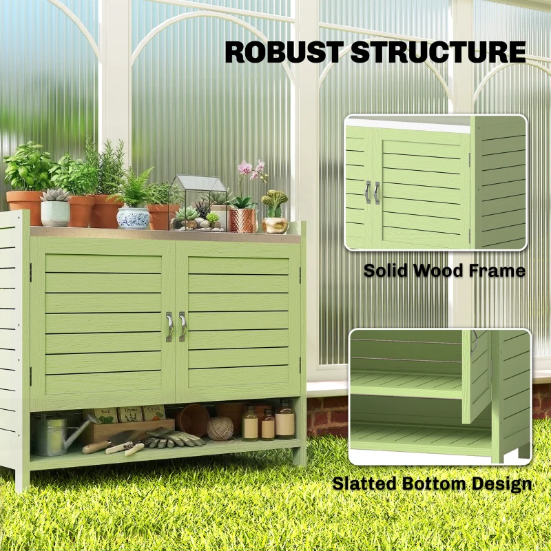 Outsunny Plantentafel met opbergkast van hout, buitenkast met verzinkt werkblad, 3 planken, 88x40x70,5 cm, groen