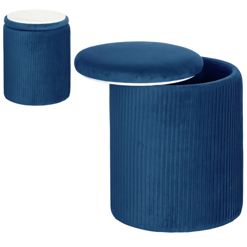 HOMCOM Storage Ottoman Modern Velvet Round Foot Stool for Living Room Bedroom 45 cm Blue