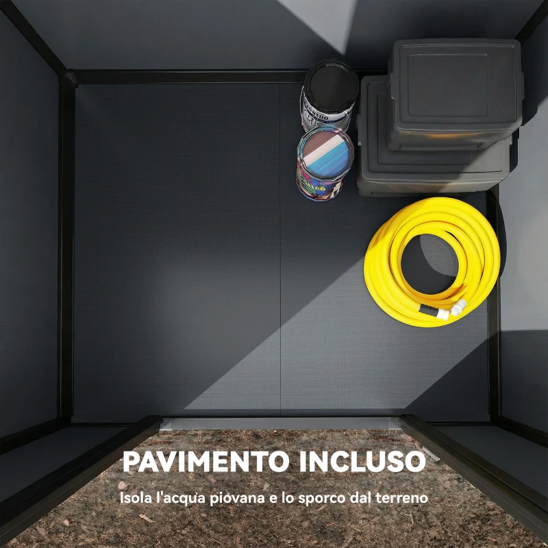 Outsunny Casetta per Attrezzi a 2 Ingressi con Finestre e Prese d'Aria, in PP e Alluminio, 128x104x196 cm, Grigio Scuro