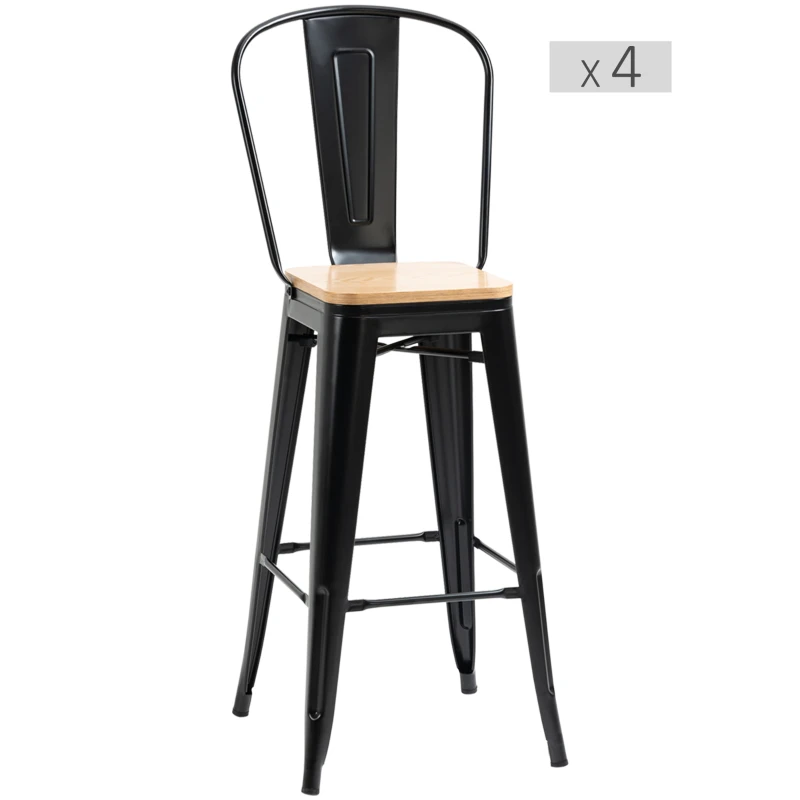 HOMCOM, Set de 4 taburete de bar, stil industrial, cu spătar, suport pentru picioare, înălțime 76 cm, Negru
