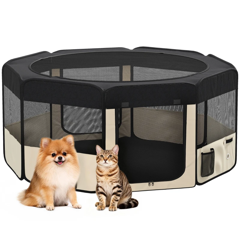 PawHut Parque Dobrável para Cães e Gatos Cercado Portátil para Animais Pequenos em Tecido Oxford Impermeável com 2 Portas Ø90x41 cm Preto