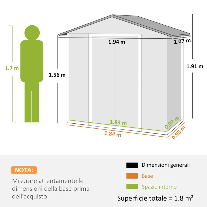 Outsunny Casetta da Giardino Capanno Porta Attrezzi Acciaio 194x107x191 cm, Grigio
