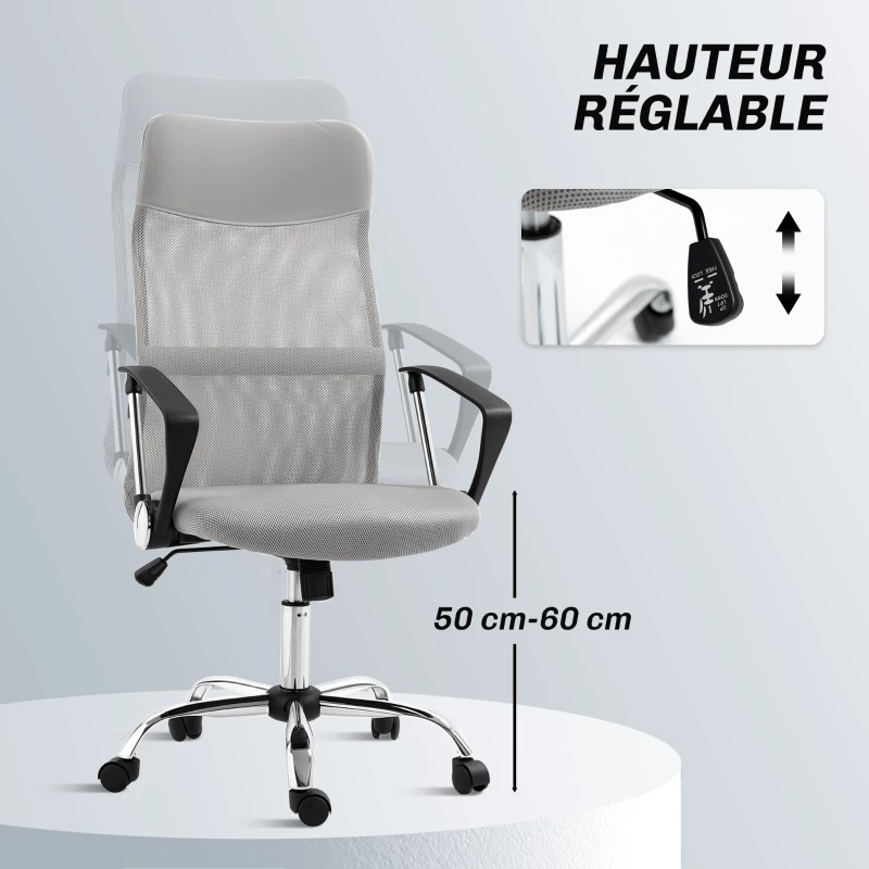 HOMCOM Fauteuil de bureau manager dossier ergonomique hauteur assise réglable pivotant tissu maille 63x65x119109-119cm gris