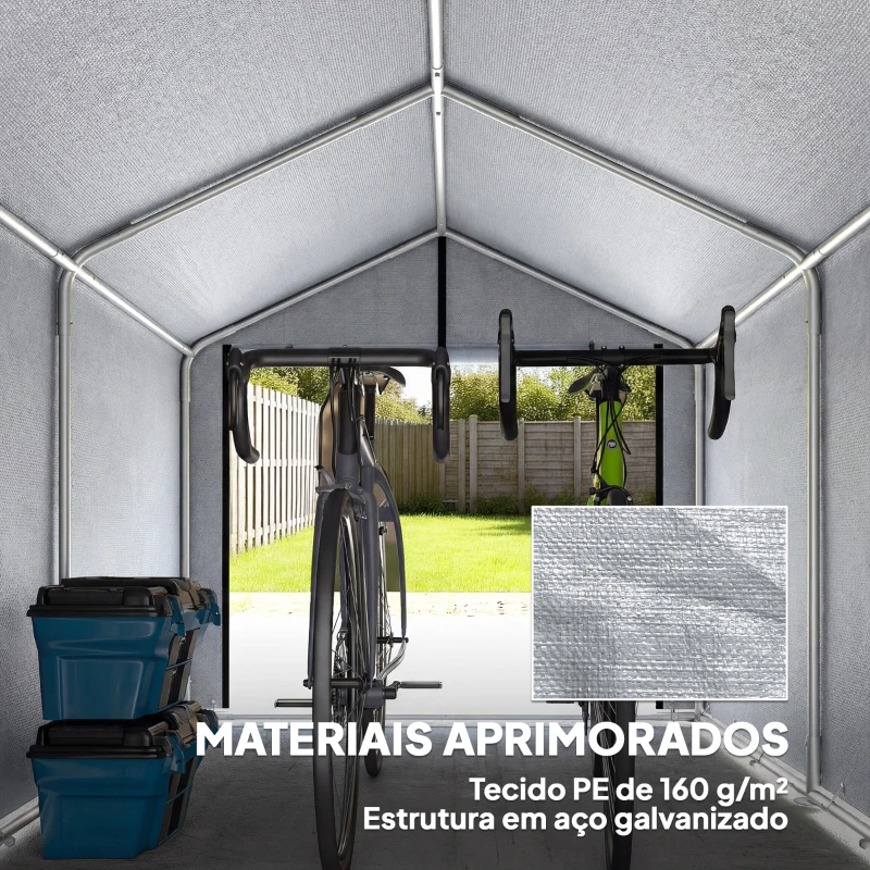 Outsunny Tenda de Jardim Exterior para Ferramentas e Bicicletas com Estrutura de Aço Galvanizado e Porta Enrolável, Cinzento
