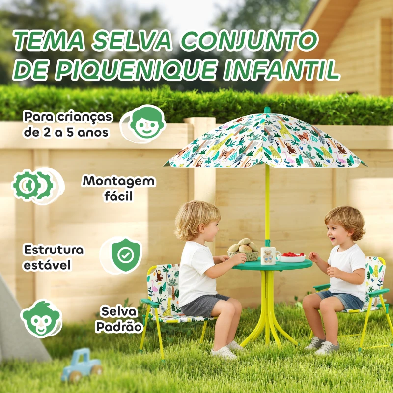 AIYAPLAY Conjunto Infantil de Mesa e Cadeiras de Jardim de 4 Peças Cadeiras Dobráveis Chapéu de Sol Desmontável Design de Selva Verde