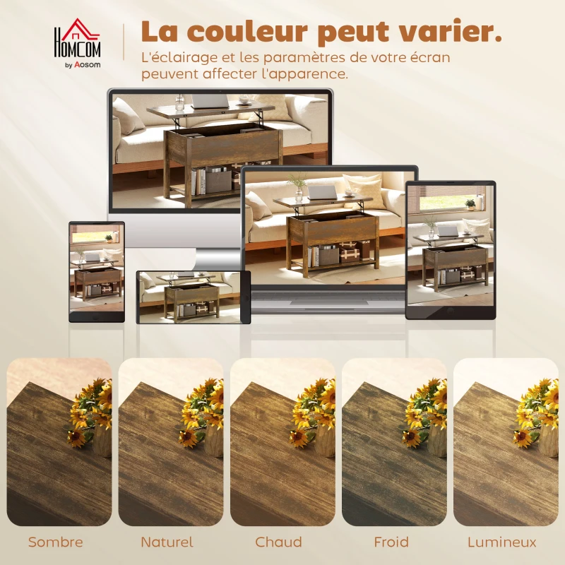 HOMCOM Mesa de centro elevable y extensible mesa de salón con compartimento oculto estante abierto 100x45x50,5cm marrón rústico