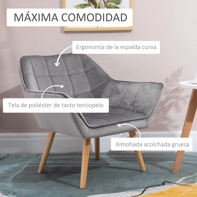HOMCOM Butaca de Salón Moderna Tapizado en Terciopelo con Patas de Madera Sillón Relax para Sala de Estar Gris
