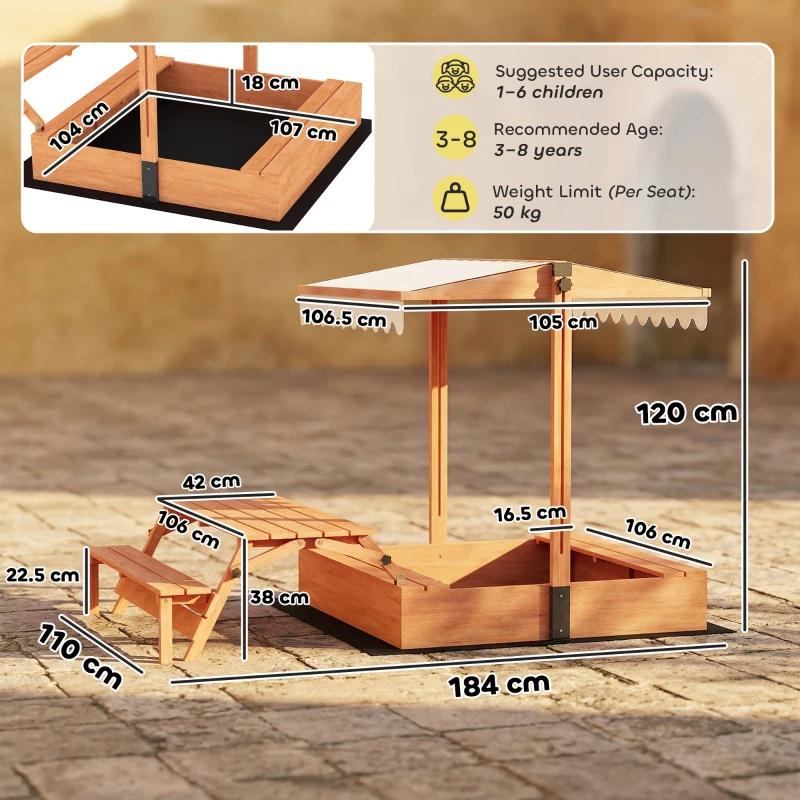 AIYAPLAY Sabbiera per Bambini 3 a 8 Anni in Legno con Tendalino Regolabile, Tavolo da Picnic e Panchine, 184x110x120 cm, Marrone