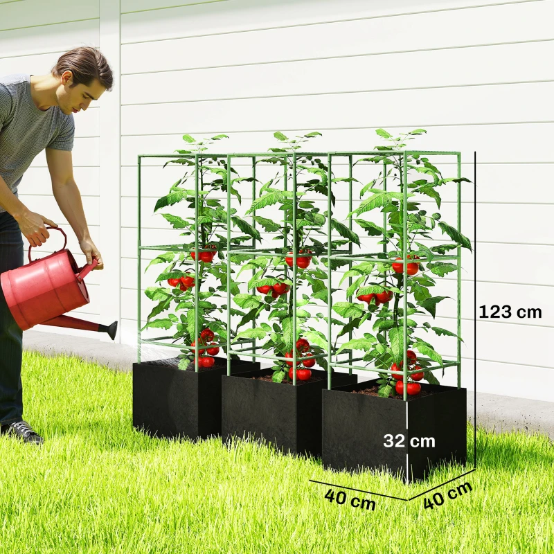 Outsunny Lote de 3 jaulas para tomates cuadradas con sacos de cultivo de 51,2 L, enrejado para flores, hortalizas, plantas trepadoras, verde