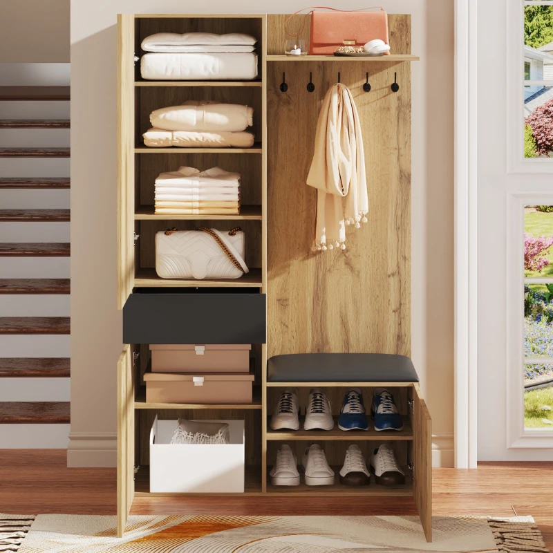 Ensemble vestiaire avec 5 crochets, miroir, meuble à chaussures et placard encastré, 98,5x38x191 cm, Couleur naturelle