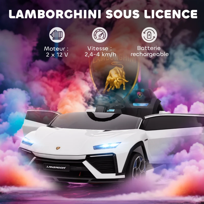 AIYAPLAY Voiture électrique enfant véhicule électrique Lamborghini 12V télécommande 2,4G et 2 moteurs vitesse max. 4 km/h blanc