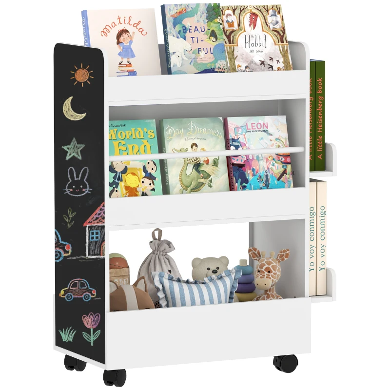AIYAPLAY Biblioteca para niño con ruedas, estantería para libros infantiles de 3 a 8 años con pizarra, 66,5x32,5x86,5cm, blanco