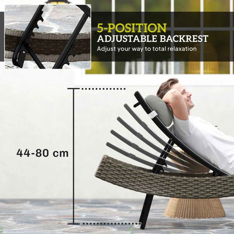 Outsunny Rattan Sun Lounger, Garden Recliner with 5 Position Adjustable Back, S Shaped Texteline Seat, Headrest, Light Grey