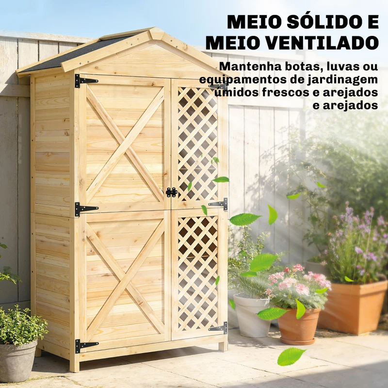 Outsunny Armário Exterior de Madeira com Telhado Inclinado em Asfalto, 2 Portas com Fecho e 2 Prateleiras, 101,5x49x176 cm, Natural