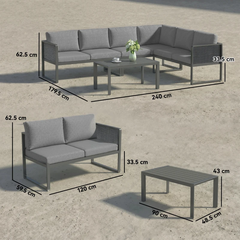 Outsunny 6 Seater Metal Garden Furniture Corner Sofa Set with 3 Loveseats, Faux Wood Table, Texteline Seat, Cushions, Dark Grey