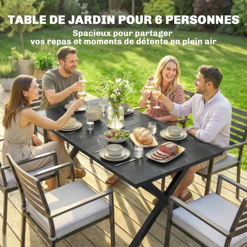 Outsunny Table de jardin rectangulaire pour 4 à 6 personnes, table à manger extérieure Plateau effet bois 150 x 90 x 74 cm, Noir