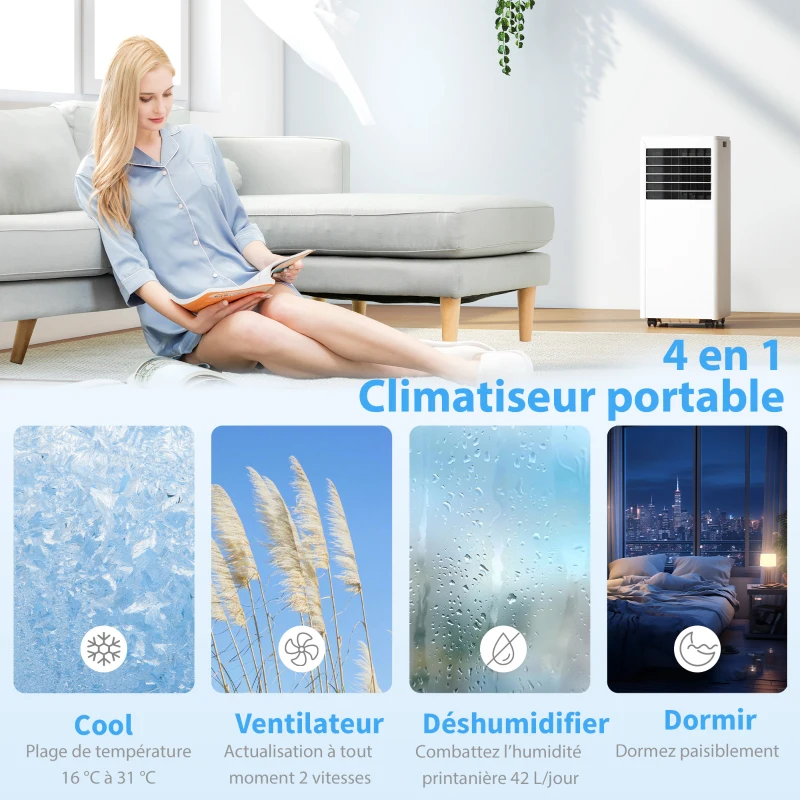 HOMCOM Climatiseur mobile 9000 BTU, climatiseur portable 4 en 1, refroidissement, déshumidificateur, ventilateur, mode nuit