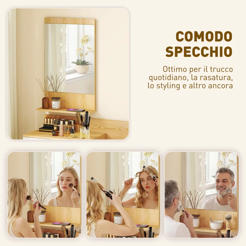 HOMCOM Set da Ingresso con Specchio con Mensola e Mobiletto a Parete con Cassetto e 2 Ripiani Aperti, in Legno e Vetro