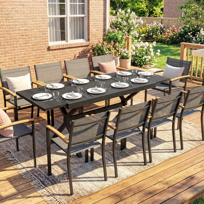 Outsunny Extendable Aluminum Garden Table Wood-Effect Outdoor Dining Table 8-10 People 214x85x73cm Anthracite Gray