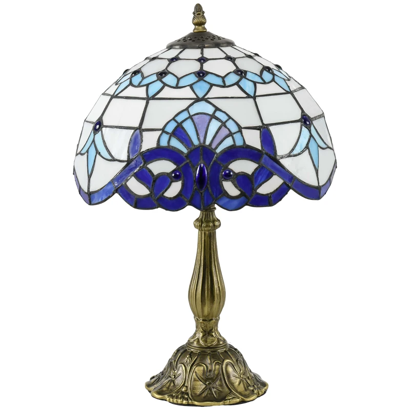 HOMCOM Stained Glass Table Lamp, Handmade Antique Bedside Lamp for Bedroom, Living room, Home, Nightstand, Decorative Night Light, Blue
