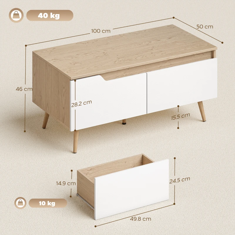 HOMCOM Masă de cafea dreptunghiulară, masă de living modernă cu 2 sertare, 5 picioare din lemn de pin, 100x50x46cm, stejar și alb