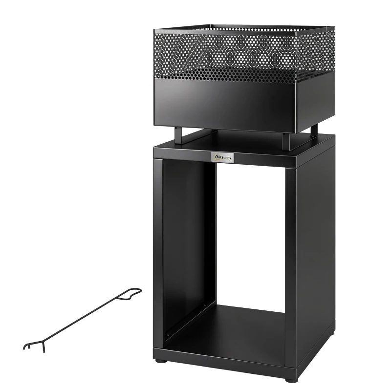 Outsunny Braciere con deposito legna e griglia carbone, 39x39x87 cm, Nero