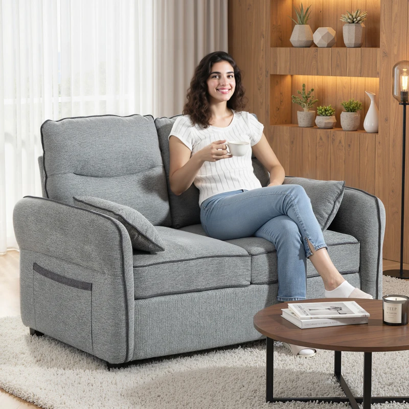HOMCOM Canapea 2 locuri, canapea de living din velur egiptean, 2 perne incluse, buzunar lateral, 136 x 81 x 90 cm, gri