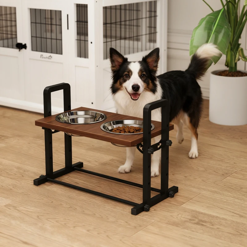 PawHut Comedero elevado para perros, soporte con 4 alturas ajustables, 2 x 1,2 L cuencos de acero inoxidable, 3 ángulos ajustables, Marrón