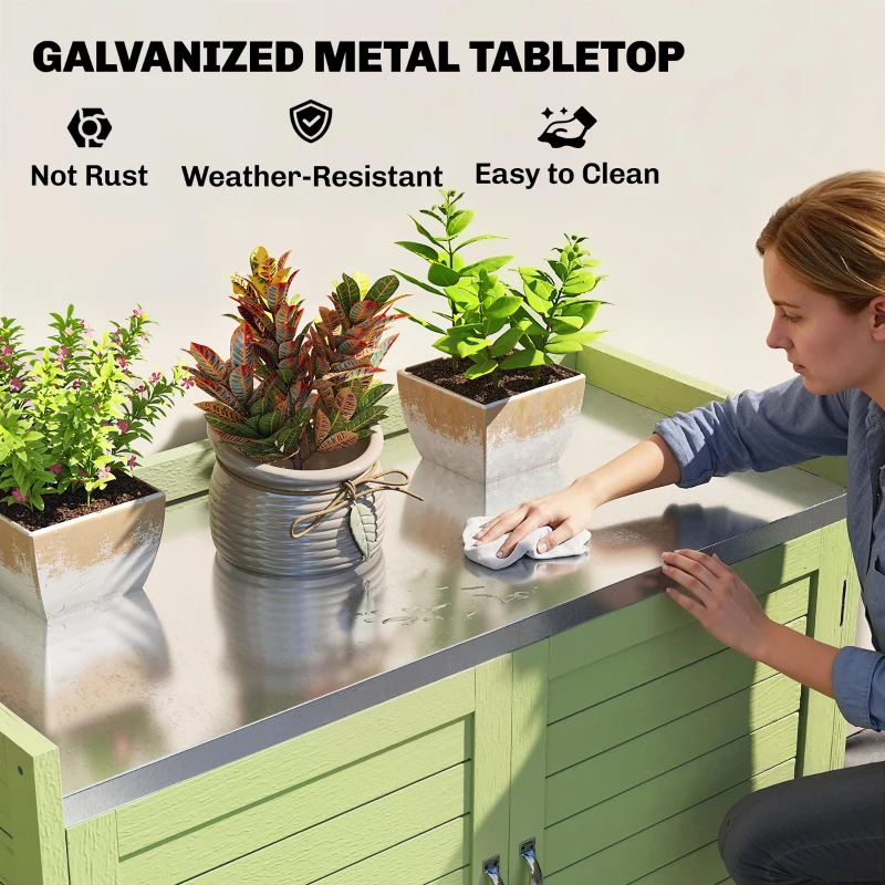 Outsunny Plantentafel met opbergkast van hout, buitenkast met verzinkt werkblad, 3 planken, 88x40x70,5 cm, groen