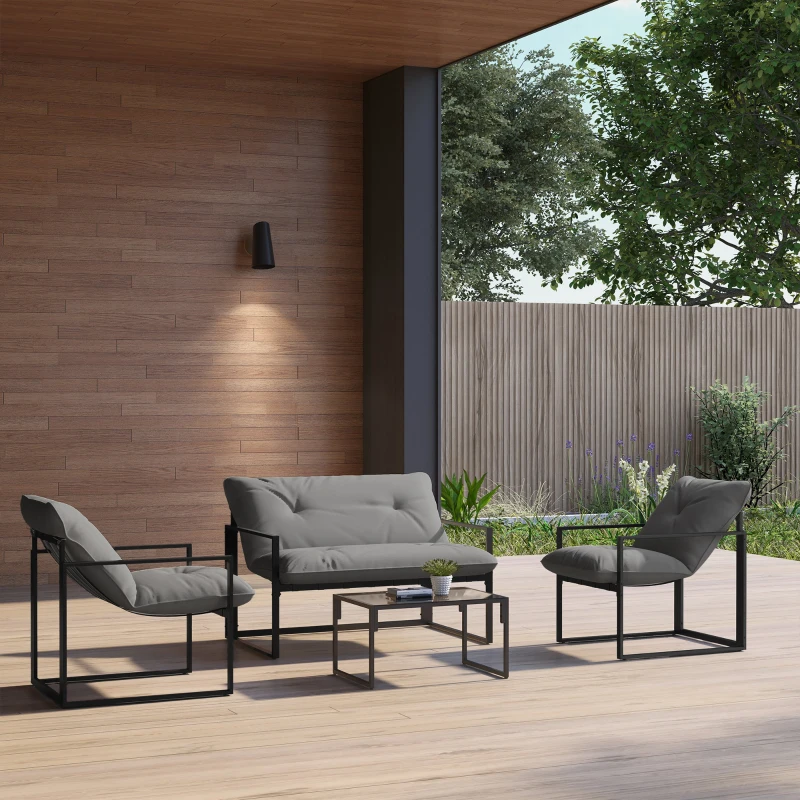 Outsunny Set da Giardino 4 Pezzi con Divanetto, 2 Poltrone e Tavolino, in Acciaio, Poliestere e Cotone PP, Nero e Grigio
