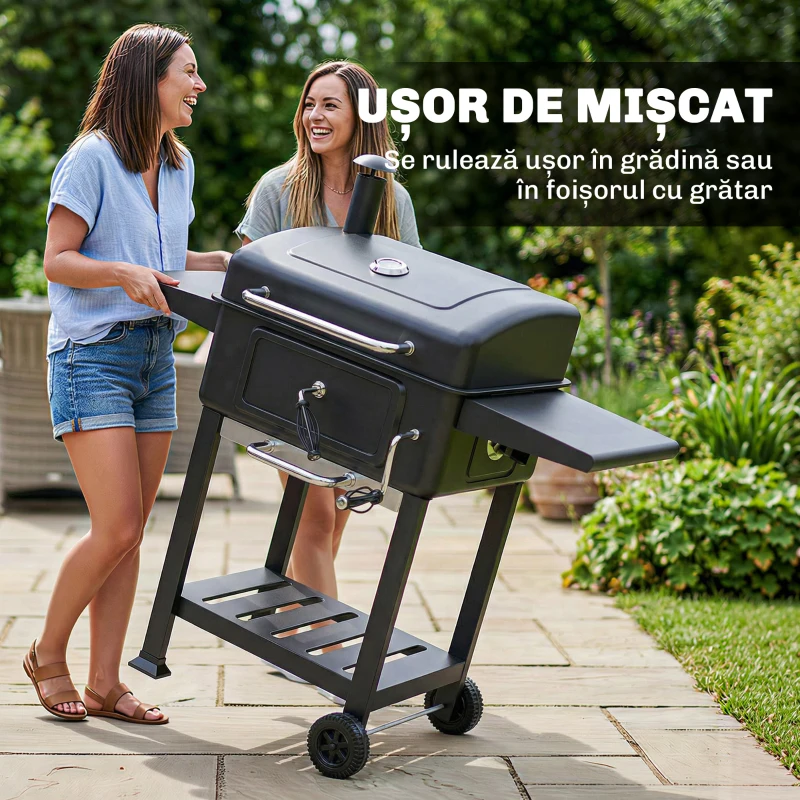Outsunny Grătar pe Cărbune, Grătar Afumătoare cu Roți pentru Exterior, Negru