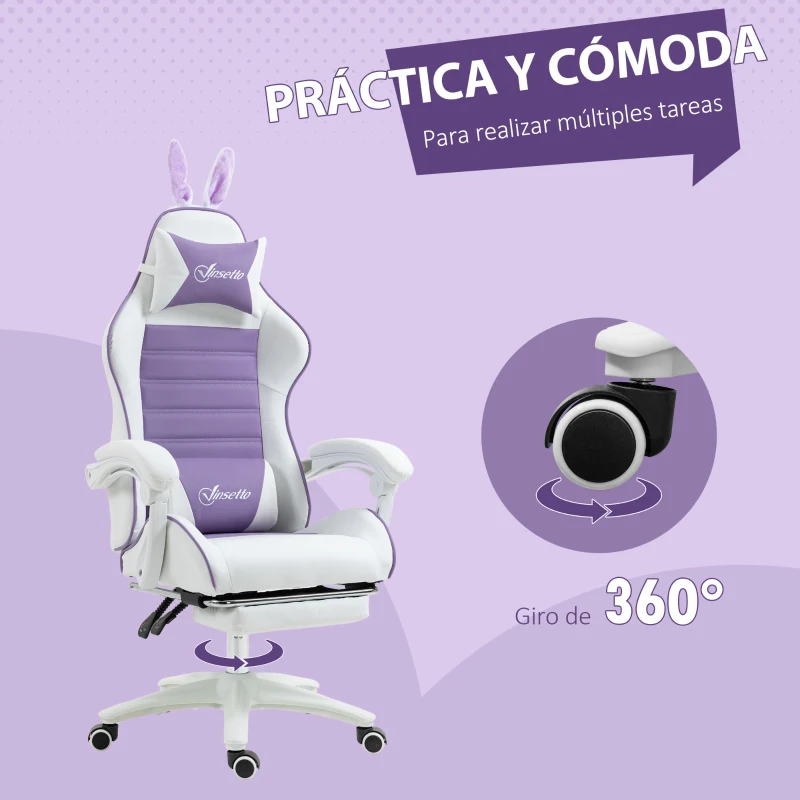 Vinsetto Silla Gaming de Cuero Sintético Reclinable 135° Reposacabezas Soporte Lumbar y Reposapiés 65x63x136-142 cm Púrpura