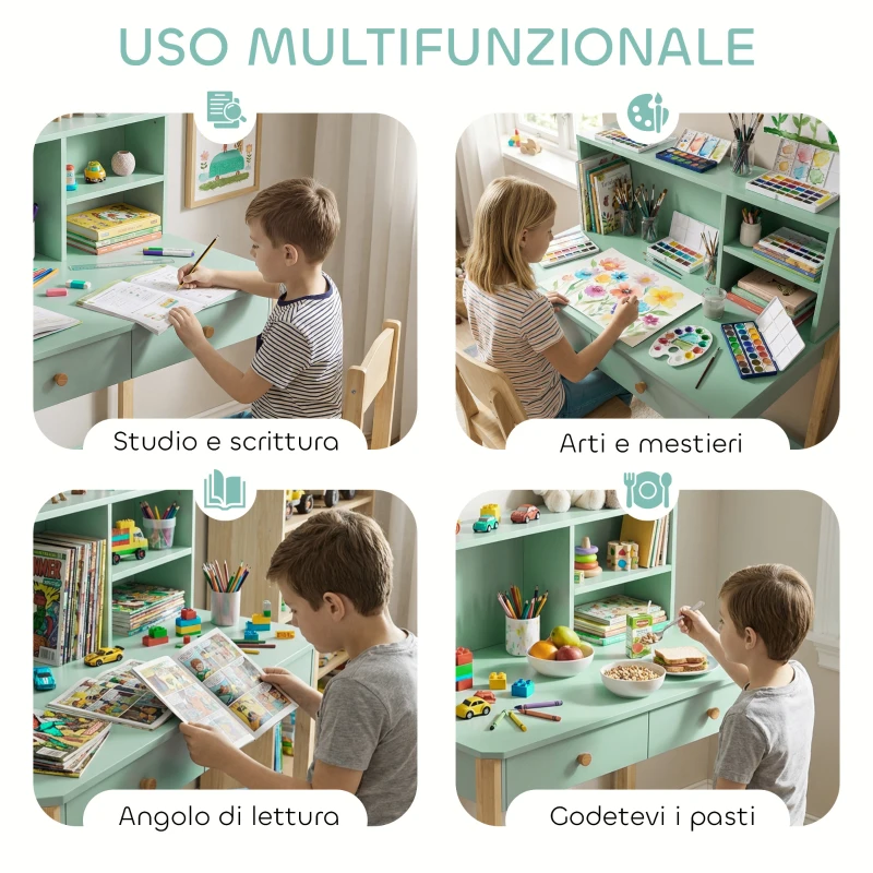 AIYAPLAY Scrivania per Bambini 5-12 Ani con 3 Ripiani e 2 Cassetti, in Legno, 90x52x105 cm, Verde
