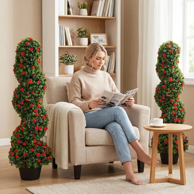 HOMCOM Artificial Rose Spiral Topiary Tree Set of 2, Indoor Outdoor Fake Plants with 630 Leaves, 90cm
