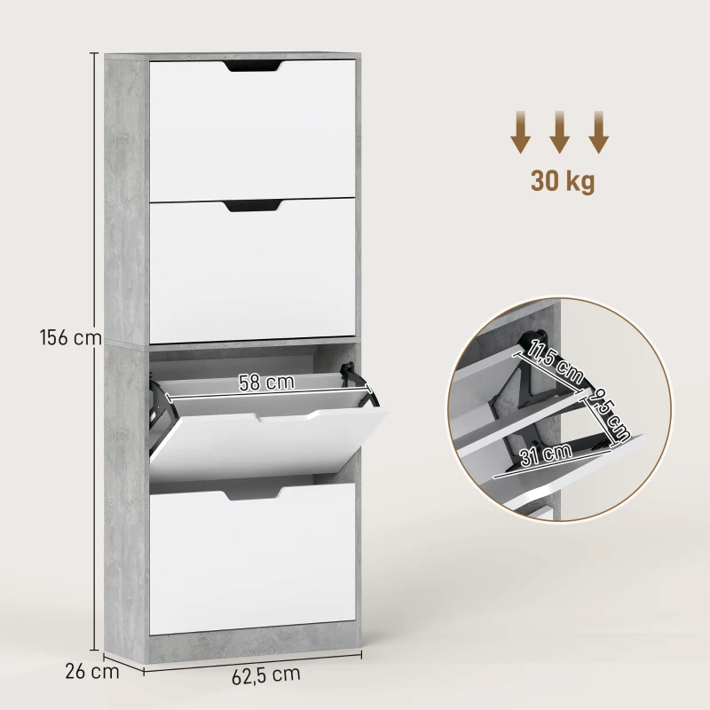 HOMCOM Zapatero Ahorraespacio Moderno de 4 Puertas para 16 Pares de Zapatos, 62.5x26x156 cm, Gris Cemento