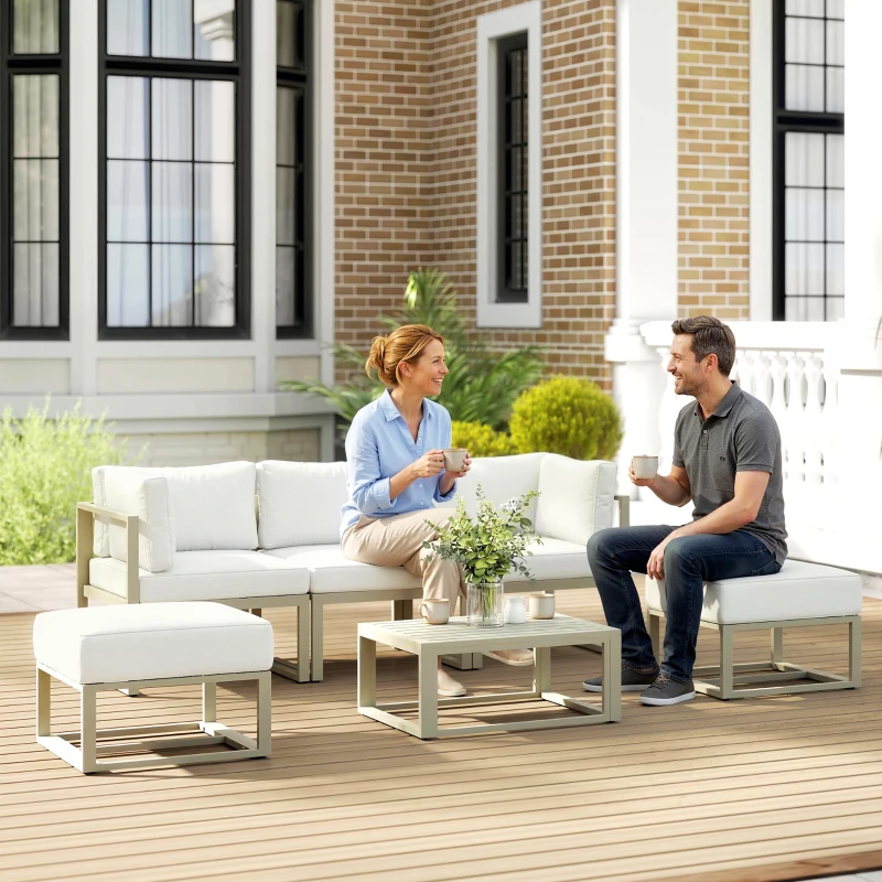 Outsunny Garden Daybed, 6 Piece Outdoor Sectional Sofa Set, Aluminium Patio Conversation Furniture Set with Coffee Table