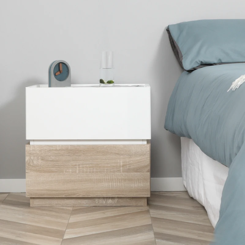 HOMCOM Table de chevet empilable table de nuit table d'appoint avec 2 tiroirs pour chambre à coucher, salon - blanc et naturel