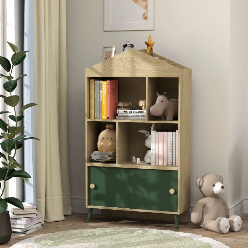 AIYAPLAY Bibliothèque et meuble de rangement jouets pour enfants, 4 étagères et placard porte coulissante, design, vert