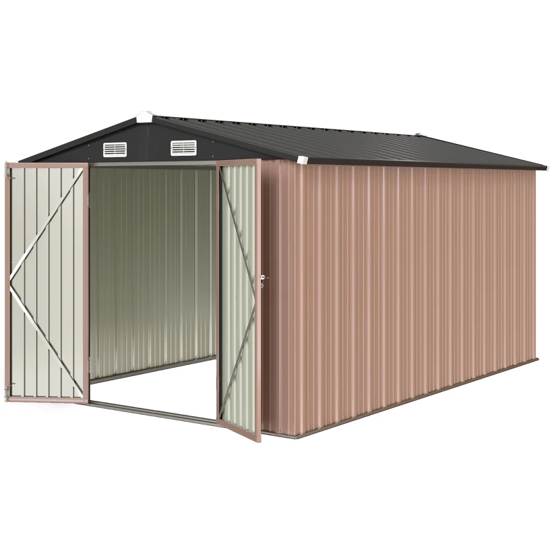 Outsunny Capanno da Giardino in Metallo 364 x 238 cm con 4 Prese d'Aria e Porte Doppie con Serratura, Marrone