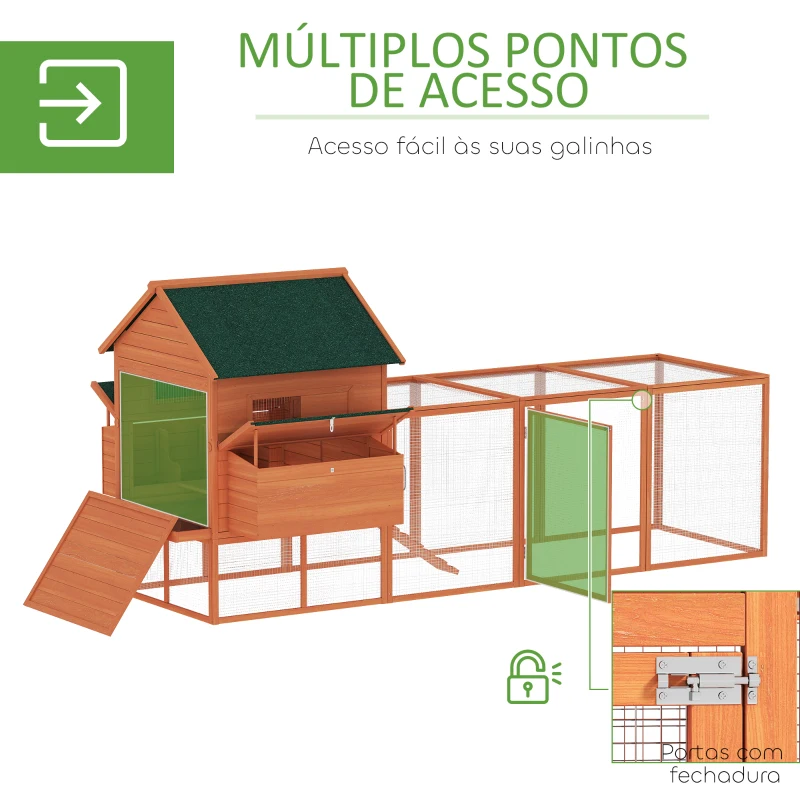 PawHut Galinheiro de Madeira Grande de Exterior com 2 Ninhos Telhado Asfáltico Bandeja Removível e Rampa 347x160x150 cm Madeira