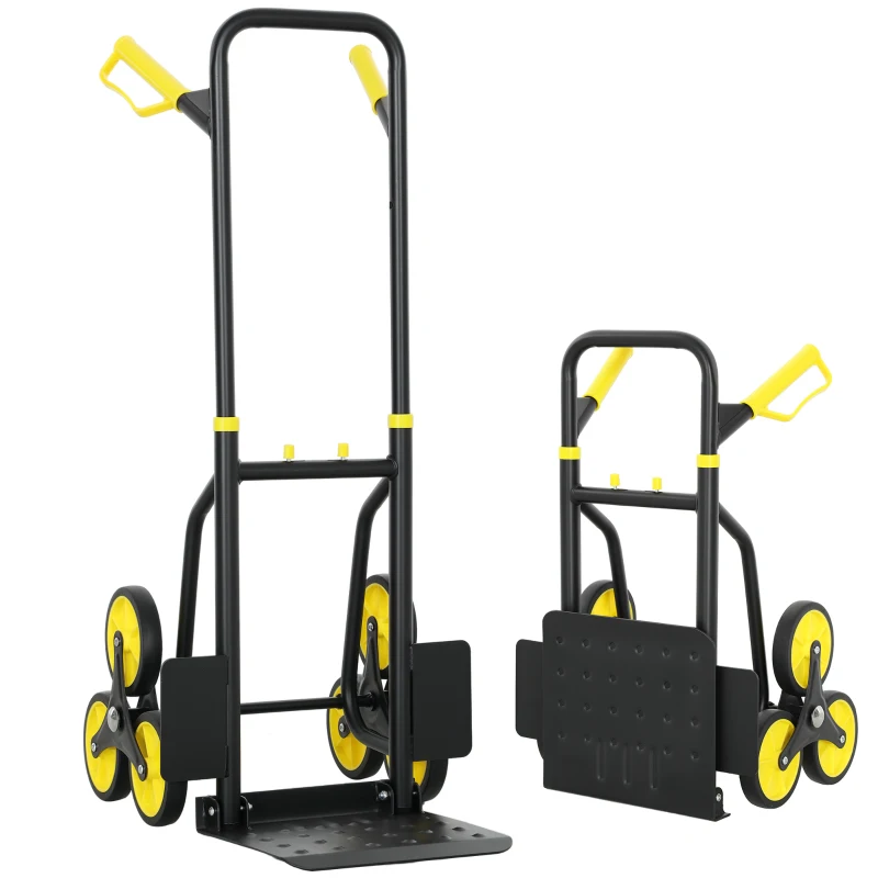 DURHAND Carretilla de escalera plegable 120 kg 6 ruedas, carretilla de mudanza en acero con cuerdas telescópicas, 44x38x106,5cm, amarillo