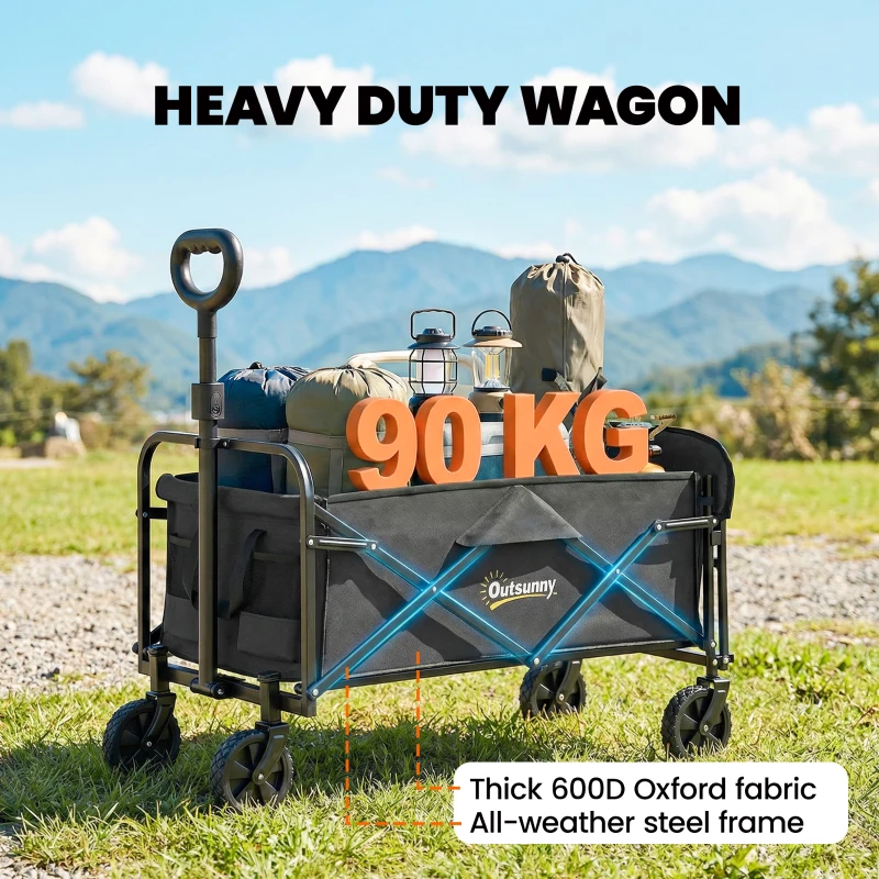 Outsunny Klappbarer Gartenwagen 72L mit verstellbarem Griff, aus Stahl und Oxford-Gewebe, 114x46x92 cm, Schwarz