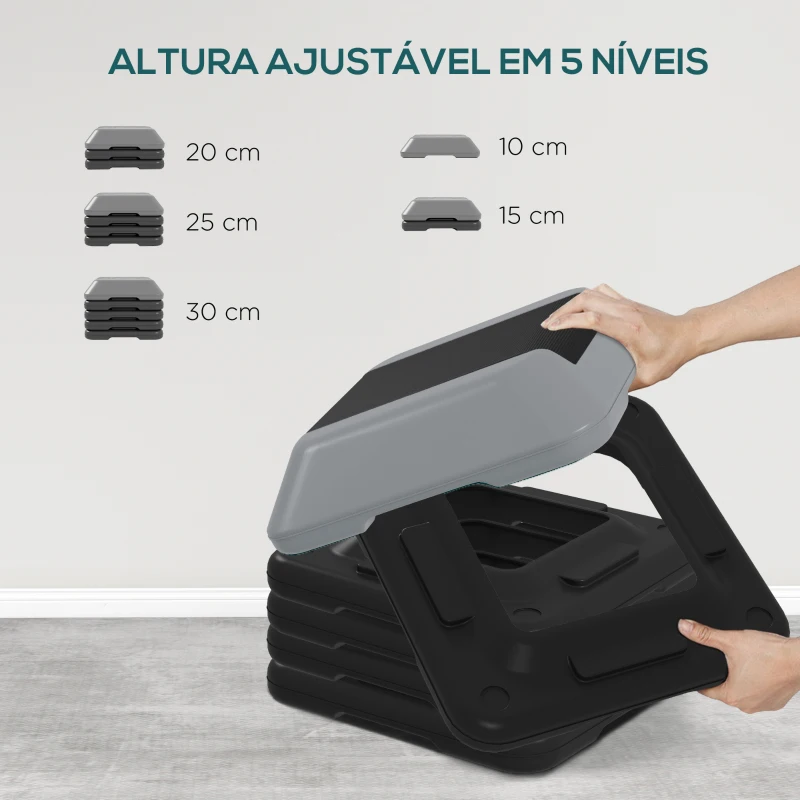 SPORTNOW Step para Fitness Stepper Antiderrapante com Altura Ajustável de 10/15/20/25/30 cm Suporta até 150 kg Cinzento