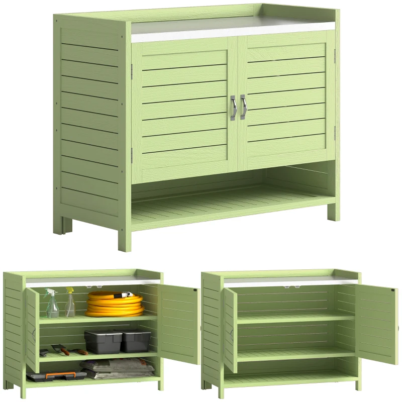 Outsunny Tavolo da Trapianto con Mobiletto in Legno, Armadio da Giardino con Piano Zincato e 3 Ripiani, 88x40x70,5 cm, Verde