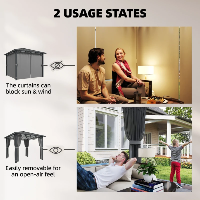 Outsunny 3 x 3 m Outdoor Hardtop Gazebo Canopy with PC Roof, Aluminium Permanent Pavilion Garden Gazebo with Curtains, Tan