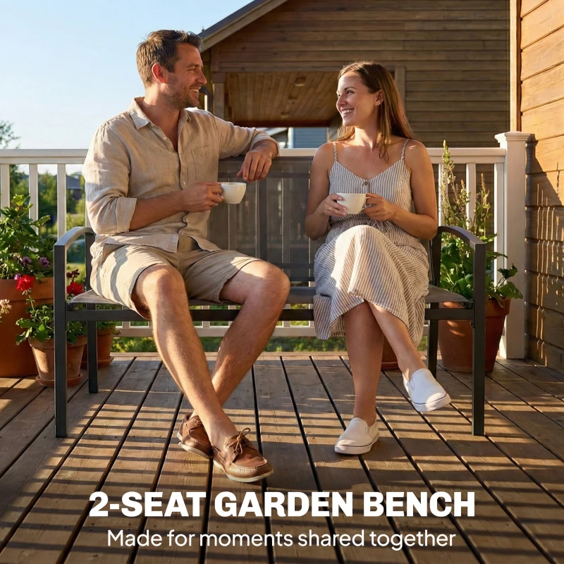 Outsunny Metal Garden Bench, 2 Seater Outdoor Furniture Seating with Breathable Texteline Fabric, Park Patio Seat, Grey