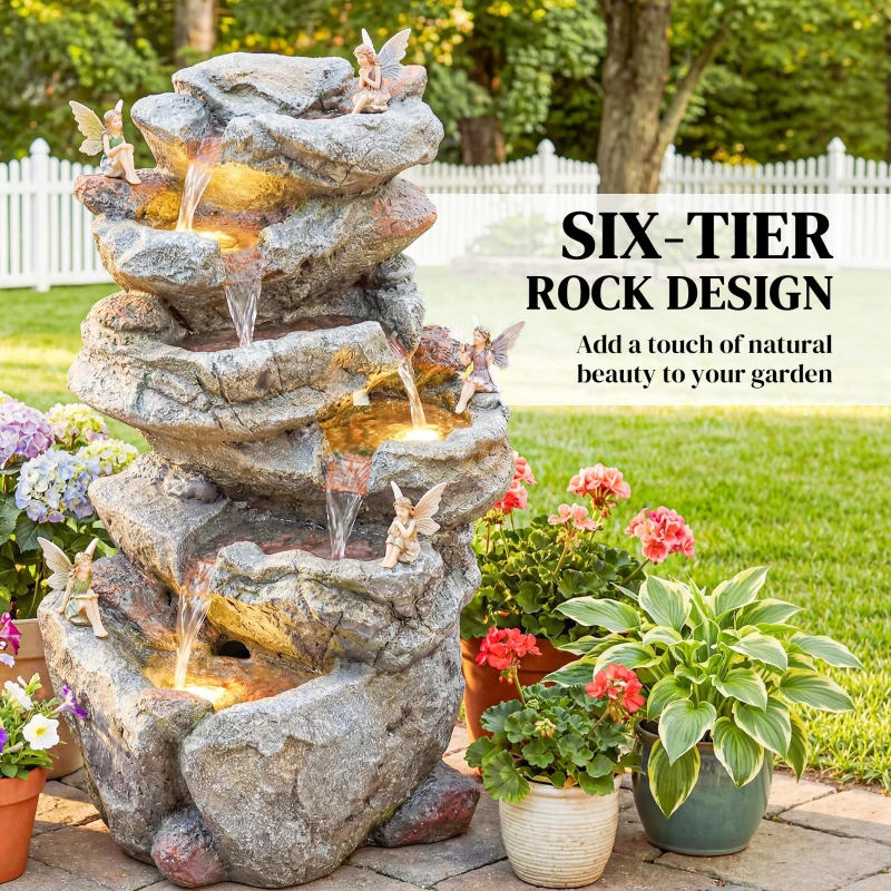 Outsunny Outdoor Water Fountain with 6-Tier Rock Style, Cascading Waterfall Feature with LED Lights, Adjustable Flow, Grey