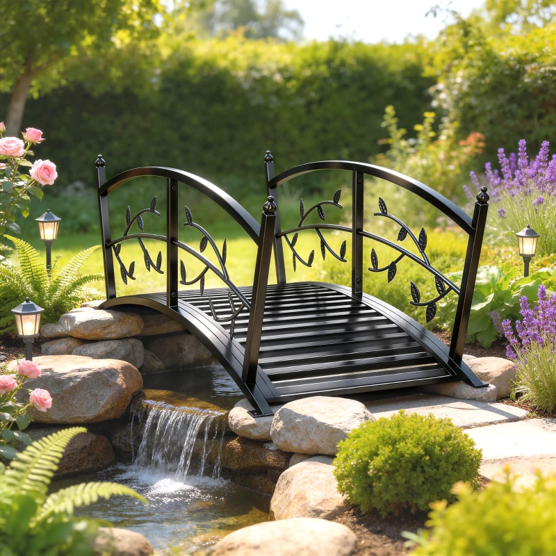 Outsunny Ponte da Giardino in Metallo 1,2 m, Ponte Decorativo per Stagni con Ringhiere di Sicurezza e Design a Foglie, Nero