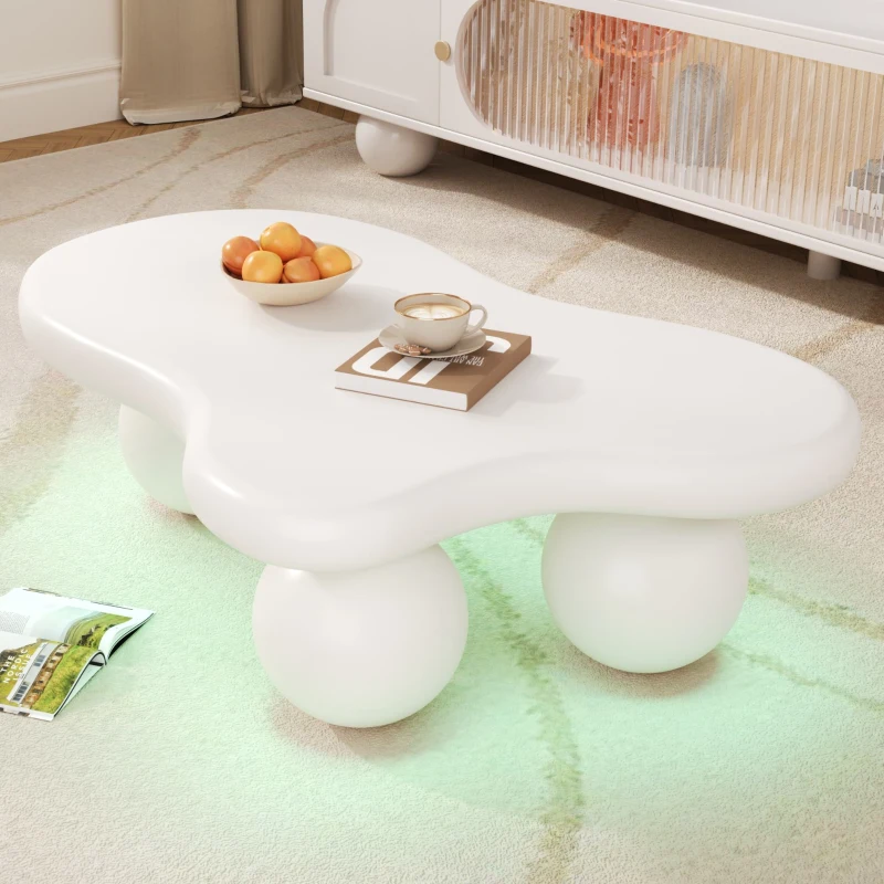 Tavolino da salotto a nuvola con illuminazione LED e gambe tonde, 95x62.5x32 cm, Bianco